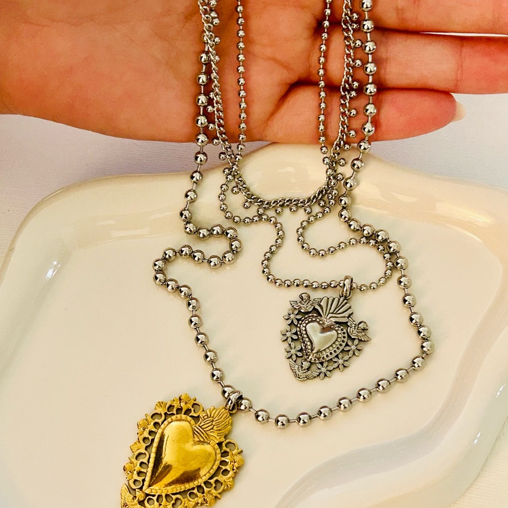 Gold and Silver Heart Pendant Necklace, layered necklaces, Sacred Hearts, steel